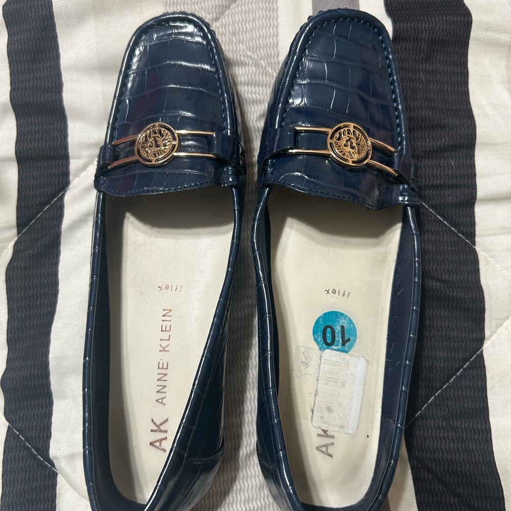 Anne Klein Croc-Embossed Navy Loafers